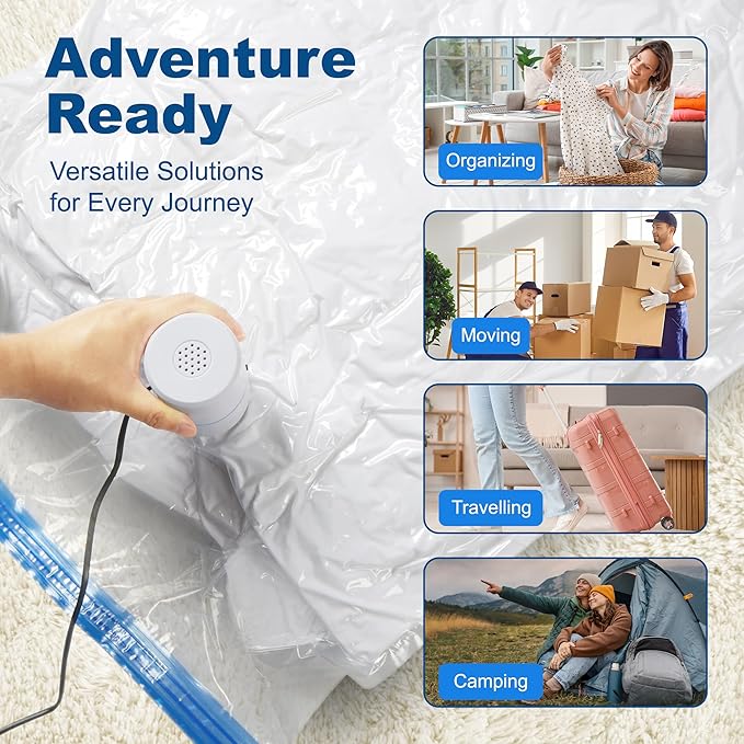 HOUSE DAY 18 Pack Vacuum Storage Bags with Electric Pump, Valve, Space Saver Vacuum Seal Bags for Clothing, Comforters, and Travel Essentials 3 Jumbo, 3 Large, 3 Medium, 3 Small/3 Small, 3 XS Roll-Up Bag