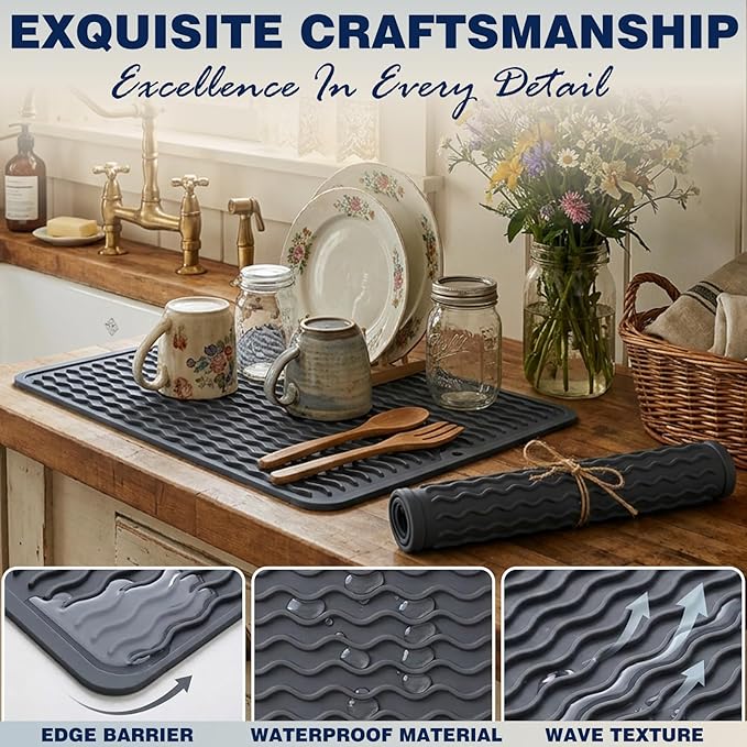 CAKETIME 2 Pack Silicone Dish Drying Mat for Kitchen Counter Coffee Bar Accessories Heat Resistant Waterproof Dining Under Sink Organizers Utensil Holder Decor Must Haves 12"x12" Gray