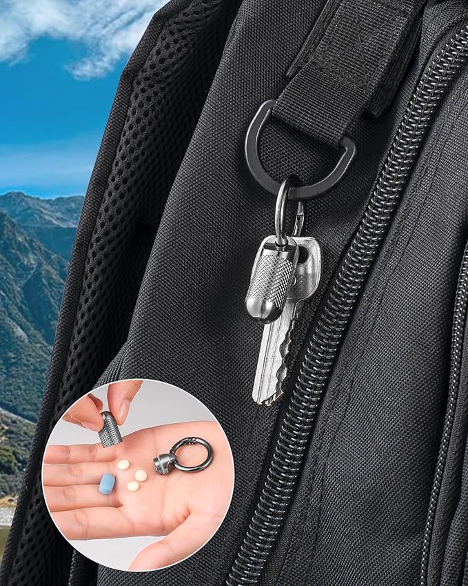 TISUR Titanium Keychain Pill Holder Small Metal Pill Case, Pill Organizer Portable Waterproof Pill Container, Travel Pill Bottle Box for Purse (Tiny-0.39inch)
