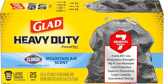 Glad Large 30 Gallon Trash Bags, Clorox Mountain Air Heavy Duty Garbage Bags, Forceflex with Drawstring, 25 Count (Packaging May Vary) (Pack of 6)