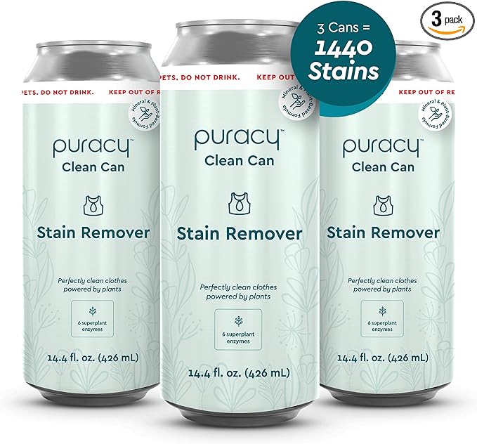 Puracy Clean Can Laundry Stain Remover - Fabric Stain Remover for Clothes Laundry - Stain Treater - Active Enzyme Laundry Stain Remover Spray - Spot Remover for Clothes (3 Pack Refill, Free & Clear)
