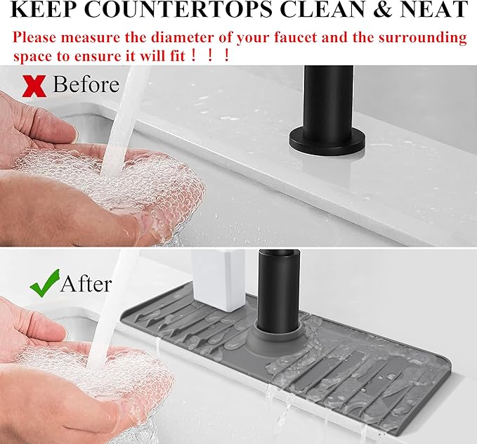 Sink Splash Guard 14.4” x 5.4” - Sink Faucet Mat with Faucet Water Catcher Mat & Soap Dish & Sponge Holder 3 in 1 - Silicone Faucet Handle Drip Catcher Tray for Kitchen RV & Bar Faucet, Grey