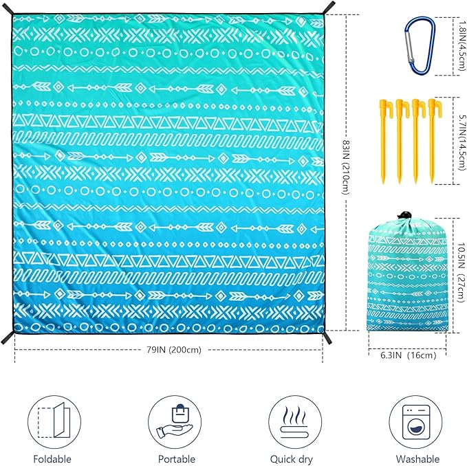 Beach Blanket Waterproof Sandproof Beach Mat 79" X 83"/10'x9' for 2-8 Adults Quick Drying Outdoor Picnic Mat Beach Accessories for Travel, Camping, Hiking