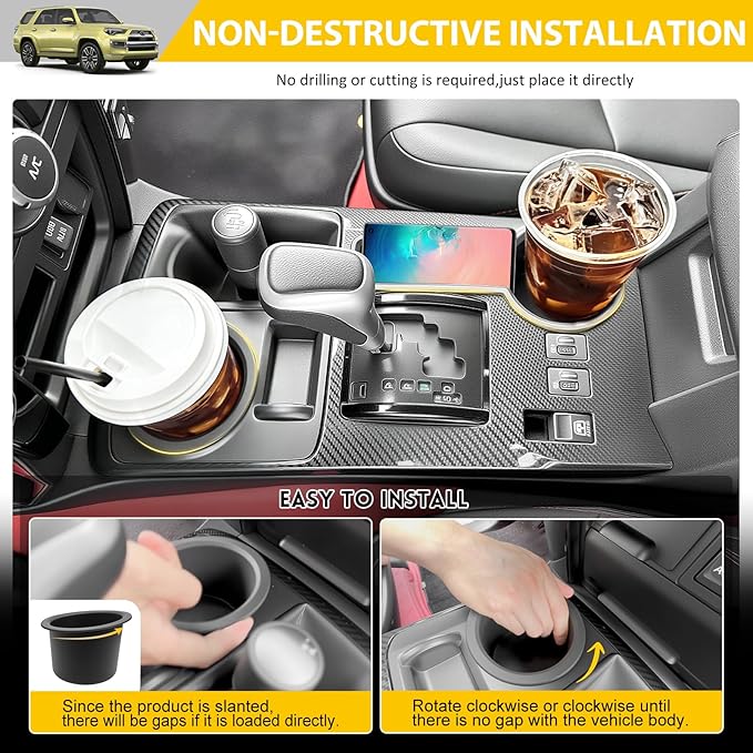 2PCS Cup Holder for 2014-2024 Toyota 4Runner Center Console Cup Holder Insert Cupholder Organizer Coaster Liner for 14-24 4 Runner Interior Accessories Black