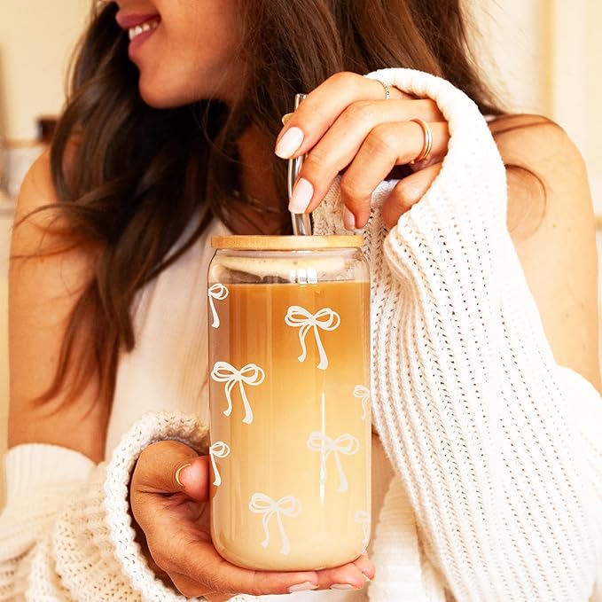 Coquette Cute Cream Bow Glass Cups with Lids and Straws, Aesthetic Iced Coffee Cup Girly Preppy Tumbler Mug Room Decor, Christmas Valentines Birthday Gifts for Women, Teen Girl Gifts Trendy Stuff
