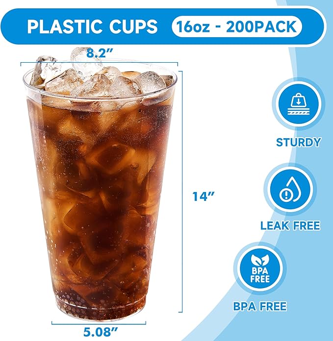 RACETOP 16 oz 200 Pack Disposable Plastic Cups, Disposable Clear Plastic Cups for Parties, Weddings, Gatherings, and Festival Events