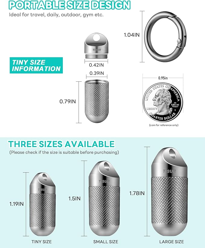 TISUR Titanium Keychain Pill Holder Small Metal Pill Case, Pill Organizer Portable Waterproof Pill Container, Travel Pill Bottle Box for Purse (Tiny-0.39inch)