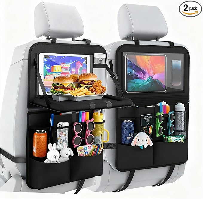 Backseat Car Organizer, Kick Mats Back Seat Protector with 8 Storage Pockets, Car Organizers and Storage with Car Food Tray Travel Accessories, 2 Pack
