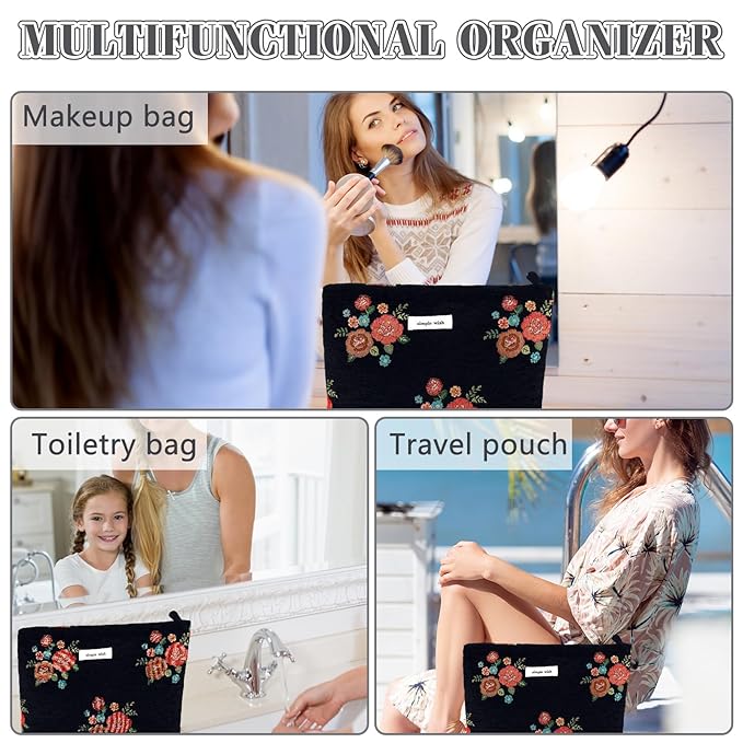 ZLFSRQ Makeup Bag Travel Cute Black Vintage Flower Floral Cosmetic Bags for Women Large Embroidery Toiletry Pouch Zipper Cosmetic Pouch for Purse Aesthetic Makeup Organizer Bag Portable Toiletry Bags