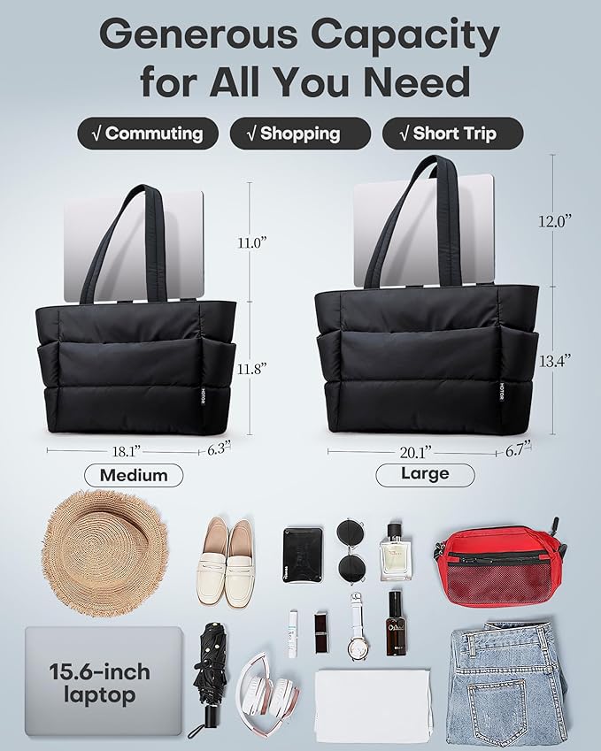 HOTOR Puffer Tote Bag for Women, Nurses - Multi-Pocket Lightweight Bag for Work - Quilted Handbag for Travel and Gym