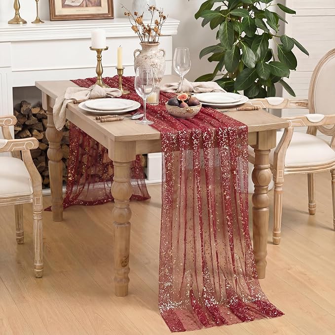 Horaldaily Burgundy Gold Gauze Tablecloth 60x84 Inch Rectangular, Golden Sequin Glitter Metallic Foil, Sheer Tulle Cheesecloth for Wedding Baby Shower Ceremony Birthday