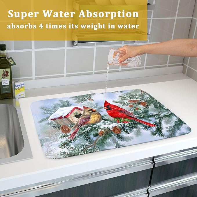 Winter Red Cardinal Bird Dish Drying Mat for Kitchen Counter,Holly Berry Branches Xmas Snowflake Cabin Drying Mat 18 x 24 Inch with High Absorbent Microfiber Drainer Mat for Coffee Bar