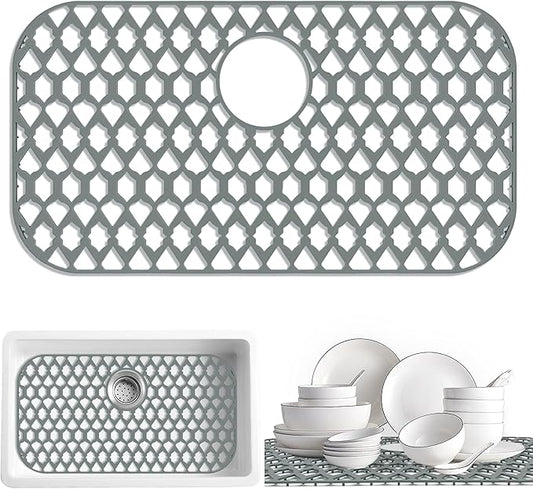 Sink Protectors for Kitchen Sink, Kitchen Sink Accessory - Silicone Mats Grid for Stainless Steel Strainer Bottom of Farmhouse Porcelain sinks (26”x14”, Rear Drain)