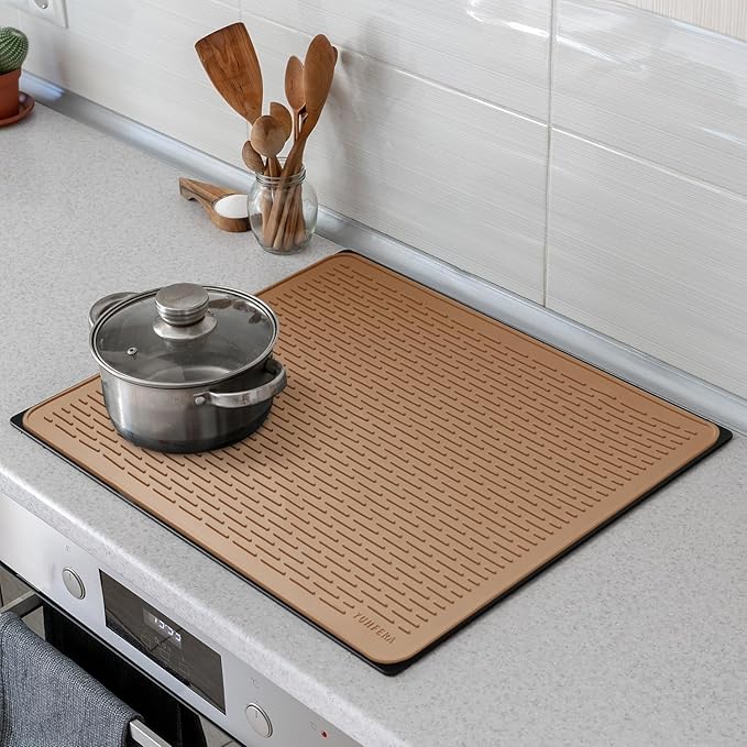 YUHFERA Stove Top Cover for Electric Stove - Silicone Stove Mat for Glass Top, Glass Cooktop Protector, XL Dish Drying Mats for Kitchen,Oven Covers for Electric Stove (Caramel,30 x 21)