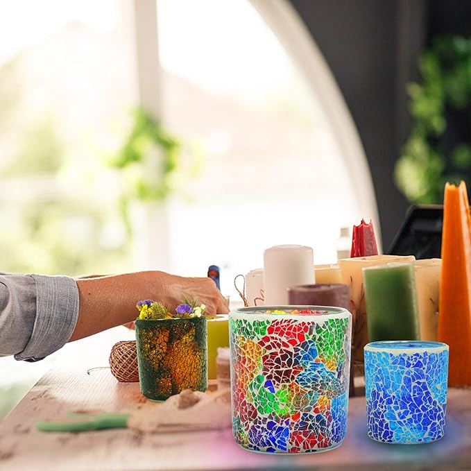 Rancco Tea Light Candle Holder Mosaic Glass Candle Jars, Handmade Romantic Tealight Holders for Make Candles and Essential Oil Diffuser, Table Centerpiece, Bath Decor, Set of 3 in 3 Size, Multicolor