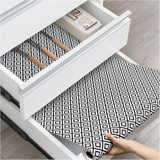 Drawer and Shelf Liner, Non-Slip Kitchen Cabinet Liners Non-Adhesive Thick Strong Grip Waterproof Washable Mats Protect Dresser Shelves Cupboard Bathroom Cabinets, Black & White, 12 in X 10 FT