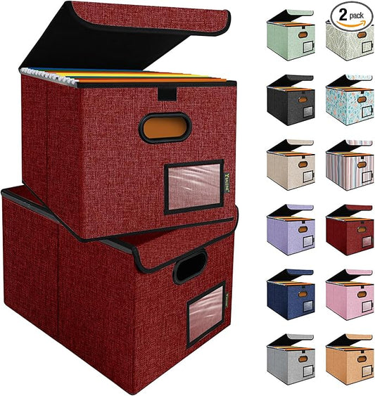 BALEINE Modern Red File Storage Box with Lid, Collapsible File Folder Organizer, 2 Pack, 15x12.5x10.5 inches