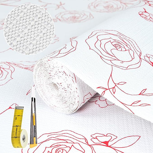 Shelf Liners for Kitchen Cabinets 17in x 20FT Non Adhesive Drawer Liner Red and White Floral Thickened Shelf Liner Paper Strong Non-Slip Easy to Clean for Tool Box with Knife and Tape Measure