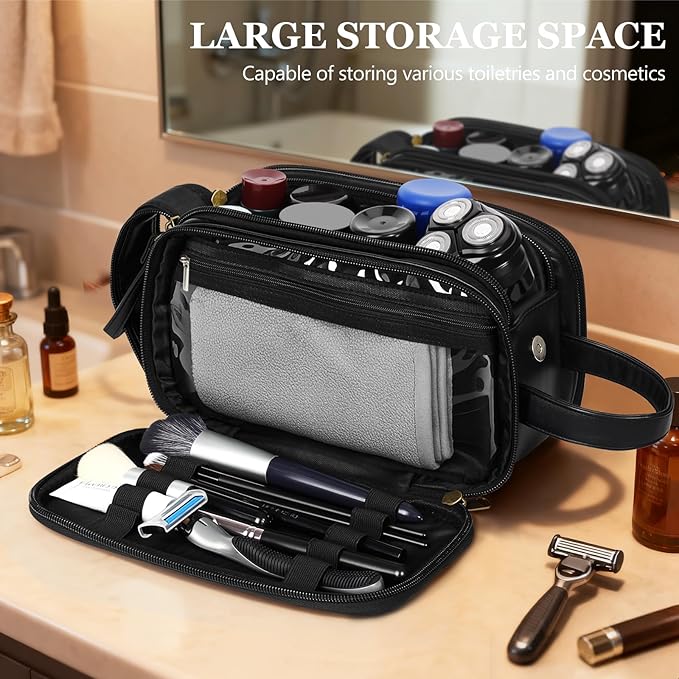 Travel Toiletry Bag for Men,Mens Shaving Bags for Toiletries,Men's Toiletry Travel Bag Leather,Personalized Travel Essentials,Birthday Gifts For Men,Black- O