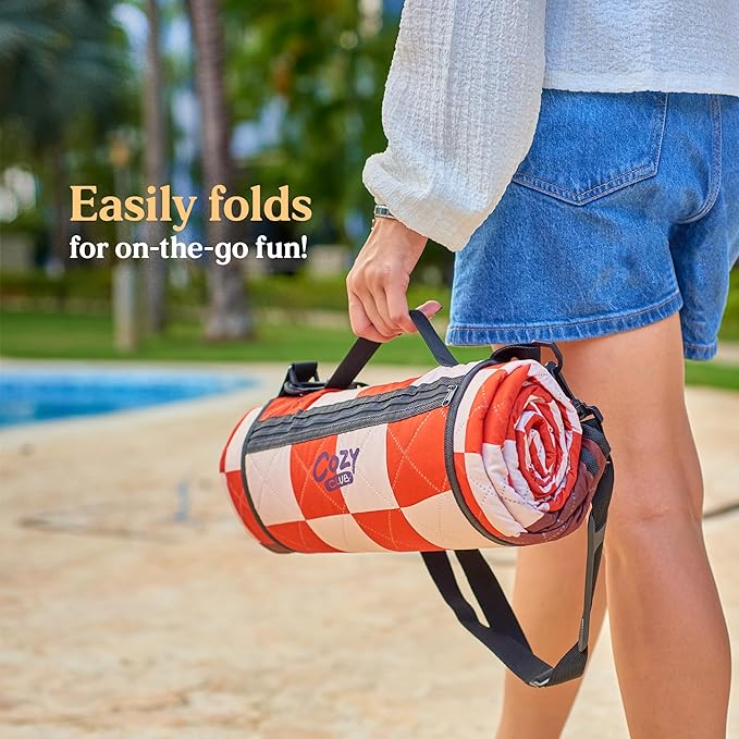 Cozy Club Waterproof Picnic Blanket Foldable Outdoor Mat with Pocket, Stakes & Shoulder Strap | Sandproof, Durable & Portable for Beach, Camping, Sporting Events & Travel