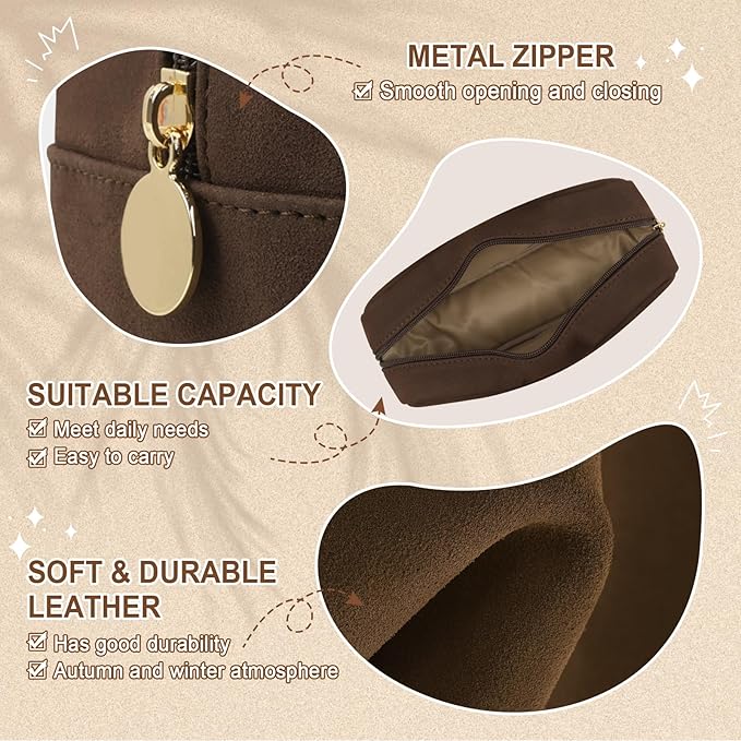 Waterproof Small Makeup Bag for Purse,Cute Pouch Preppy Suede Makeup Brush Holder with Zipper,Girls Teens Portable Storage Case Small Travel Toiletry Bag for Office(Slim-Coffee)
