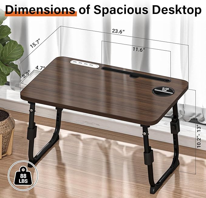 Height Adjustable Laptop Desk for Bed, Lap Bed Table with USB/Storage Drawer/Cup Holder/Tablet Stand/Book Shelf, Foldable Portable Breakfast Tray for Reading, Writing, Sofa & Floor, Walnut
