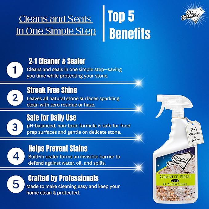 Black Diamond Stoneworks Granite Plus 2-in-1 Cleaner & Sealer, pH Neutral, Streak-Free Stone Cleaner for Granite, Marble, Quartz, Travertine & Limestone Countertops, Ready to Use, 32 Fl Oz