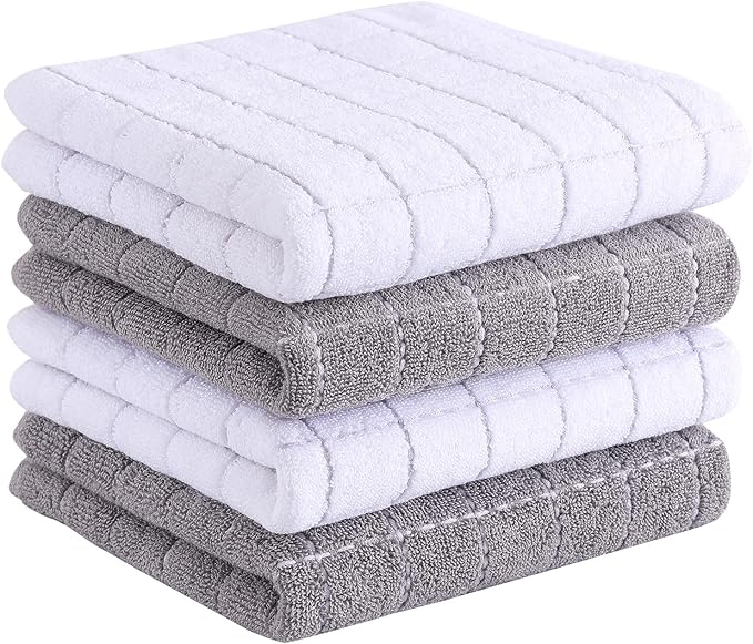 Homaxy 100% Cotton Terry Kitchen Towels(White and Light Grey, 13 x 28 Inches), Checkered Designed, Soft and Super Absorbent Dish Towels, 4 Pack