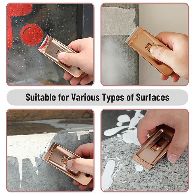Bates- Metal Razor Blade Scraper Tool, 2 Pack, 30 Extra Blades, Rose Gold, Heavy-Duty Cleaning Razor Scraper Tool