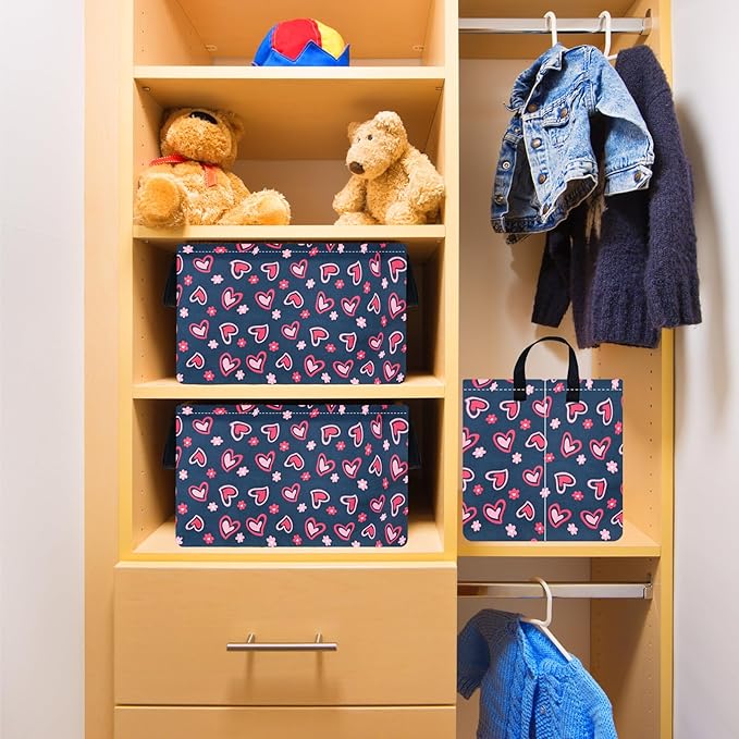 Rec Heart Print Box Hamper Storage Basket Collapsible Organizer Bin Gift Shelf Baskets for Home and Kitchen Storage