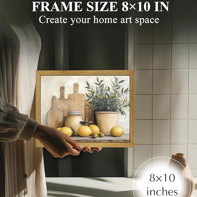 Wood Framed Vintage Kitchen Wall Art, Yellow Lemon Still Life Wall Decor Oil Paintings, Rustic Farmhouse Artwork Canvas Posters Prints Pictures for Living Room Bedroom Home Decor 8x10 Inch
