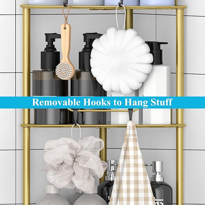 3 Tier Floor Standing Corner Shower Caddy Organizer Shelf with Hooks, Bathroom Shelves Stand Rack, Gold