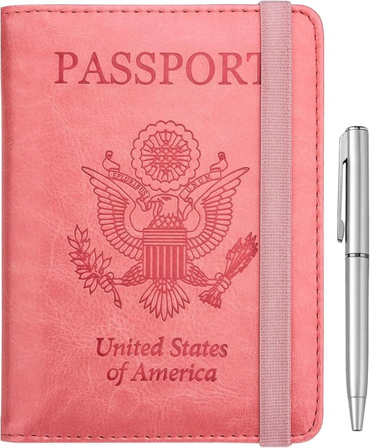 WALNEW Passport Holder for Travel, RFID Passport Cover Wallet for Women Men, PU Leather Passport Book Card Holder Case with Pen, Travelling Essentials for Flying