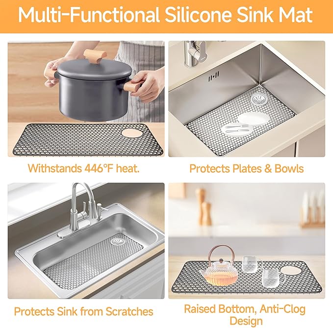 Silicone Sink Mat, 28.62"x 14.76" Heat-resistant Sink Protectors, Drying Mats for Kitchen of Bottom Farmhouse Porcelain Stainless Steel, Kitchen Accessory, Right & Left Drain（Grey）