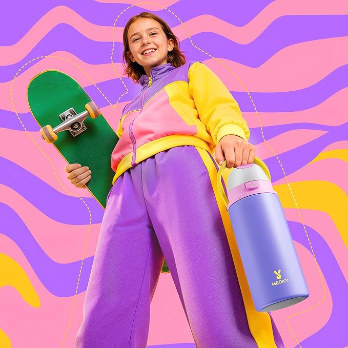 18 oz Insulated Water Bottle for Travel: Meoky Stainless Steel Kids Water Bottle with 2-in-1 Straw and Spout Lid - Leak Proof, Fits in Car Cup Holder, BPA-Free for Gym School, Starry Lilac