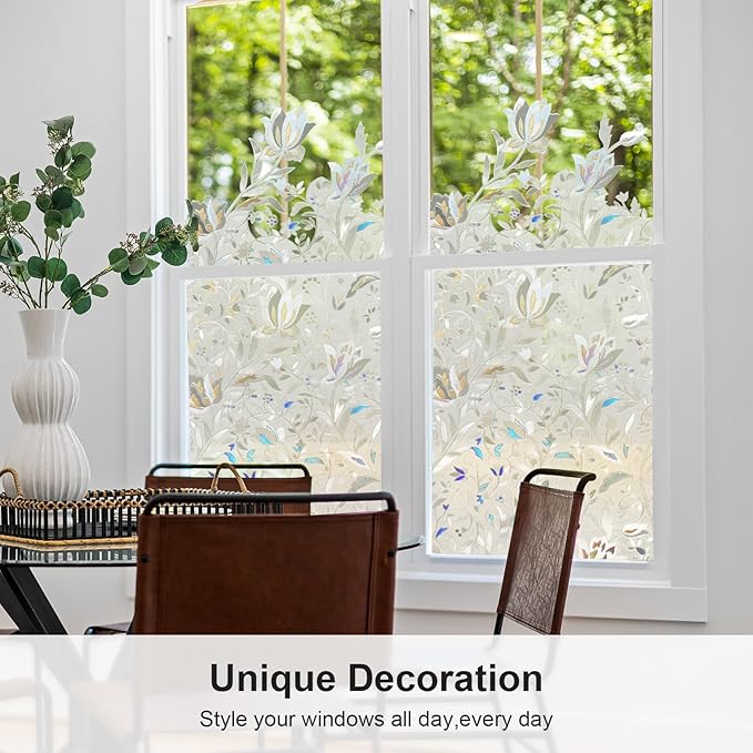 Window Privacy Film, 3D Rainbow Decorative Stained Glass Film, Sun Blocking Windows Clings, Static Cling Frosted Glass Windows Sticker Door Covering for Home (Tulip, 35.4" x 78.7")