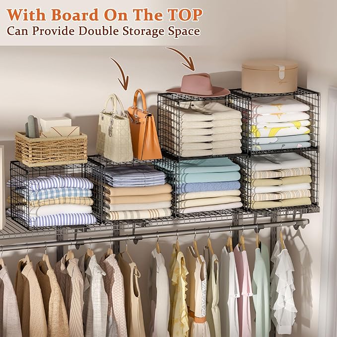 Upgraded Wider & Taller Closet Organizer with Wire Top Shelf, 3-Pack Stackable Closet Shelf Organizer, Space-Saving Clothes Organizer Basket for Closet and Wardrobe, Black