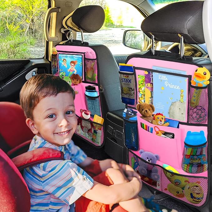 Car Backseat Organizer with 11" Tablet Holder, 10 Storage Pockets, Seat Back Protectors, Kick Mats for Kids & Toddlers, Travel Accessories, 2 Pack, Pink