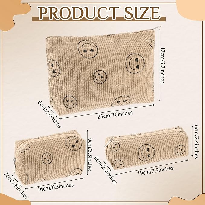 3 Pcs Makeup Bag Set for Women Corduroy Cosmetic Pouch Aesthetic Smile Travel Toiletry Bag Cute Purse Pouch Pencil Case Makeup Brushes Storage Organizer for Christmas(Khaki,Smile Face)