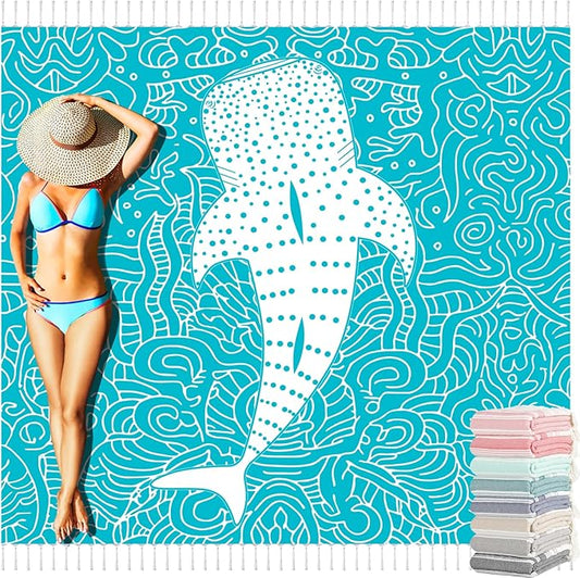 Oversized Turkish Beach Towel Blanket Cotton Giant XL Sandproof Towels Huge Linen XXL Extra Large Big Throw Quilt Blankets for Adults Cloud Travel Camping Glamping Accessories Essentials Whale Shark