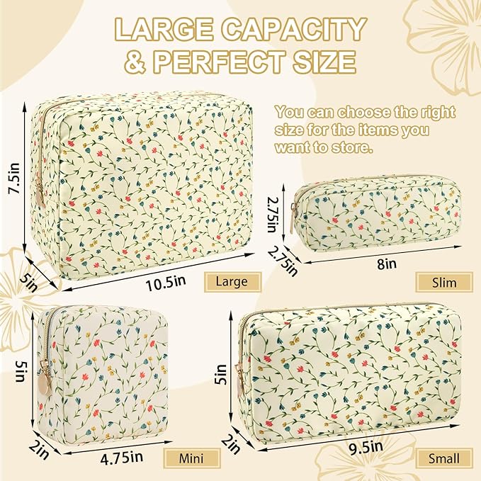 Waterproof Large Floral Makeup Bag Pouch,Nylon Travel Toiletry Storage Bag Preppy Flower Cosmetic Bag for Women Girl,Large Capacity Makeup Organizer Bag Cute Zipper Pouch(L Light Yellow-Flowers)