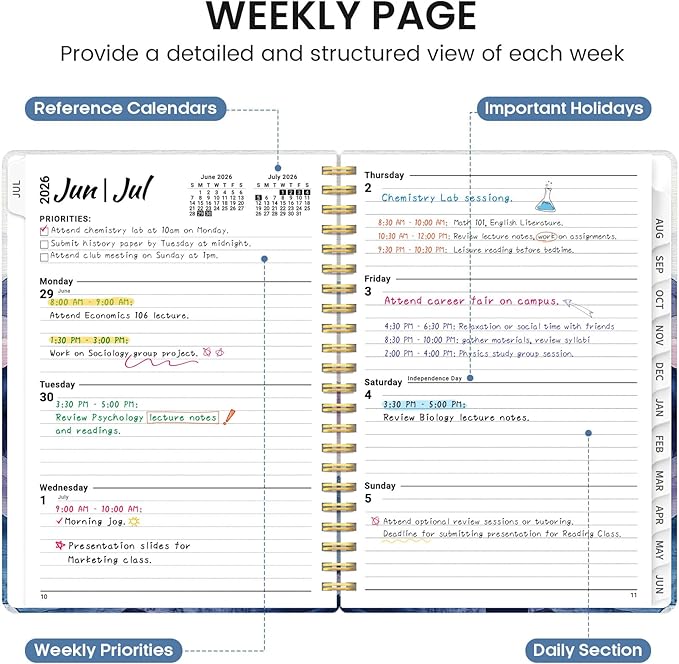 Planner 2026-2027, Academic Monthly and Weekly Calendar Planner for Women, July 2026 - June 2027, Hardcover Pretty Agenda Planner Book with Tabs, Spiral Daily Organizer for School Office Home Supplies, 6.3" x 8.5" - Distant Peaks