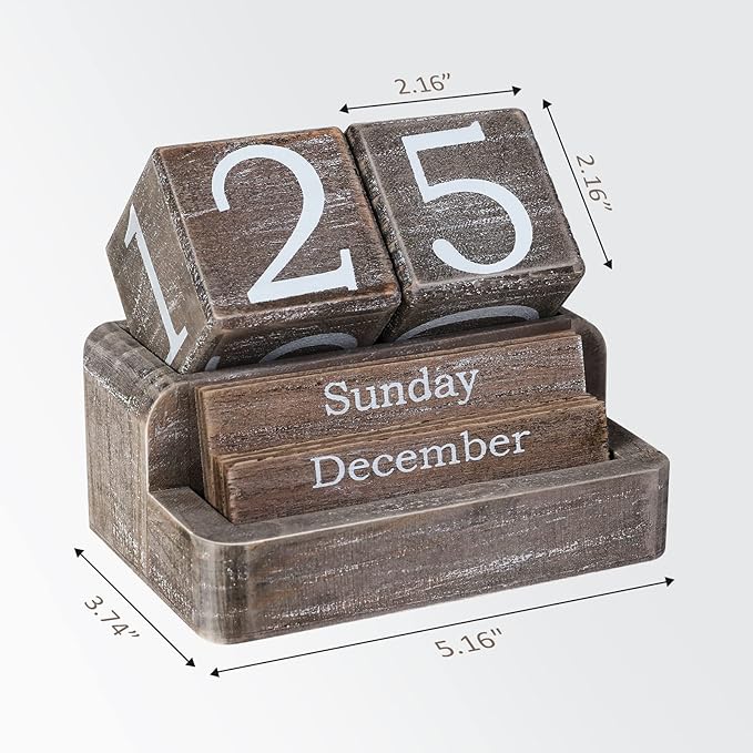 Wooden Block Calendar for Desk, Daily Desktop Perpetual Desk Calendar, Farmhouse Desk Accessories for Home Office Decor, Reusable Yearly, ‎‎Vintage Grey