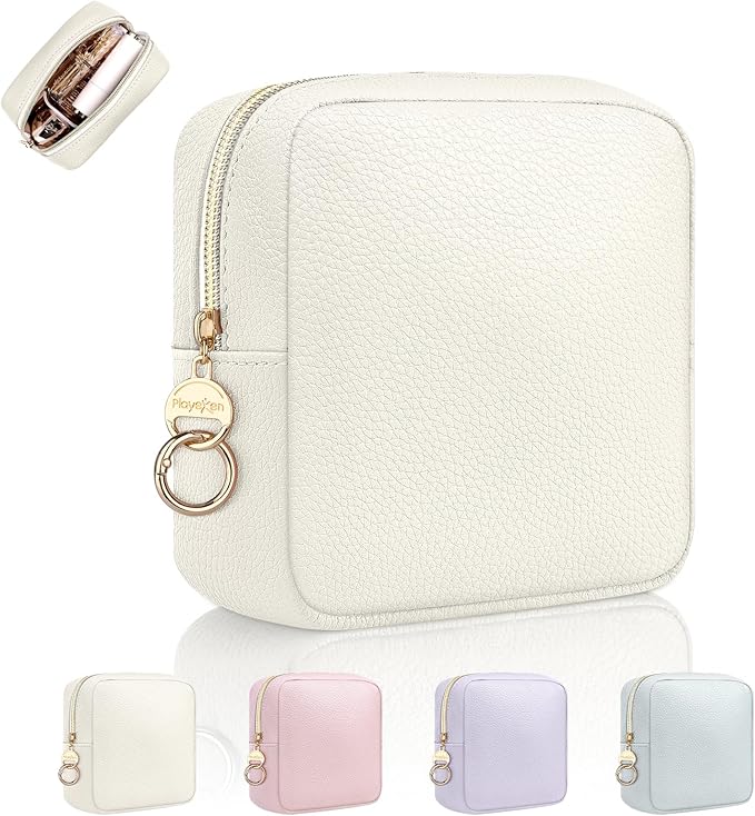 4.9" Small Makeup Bag for Purse, PU Leather Mini Cosmetic Bag with Ring Buckle, Portable Small Makeup Travel Toiletry Pouches for Women, Birthday/Wedding/Christmas Gifts (Beige)