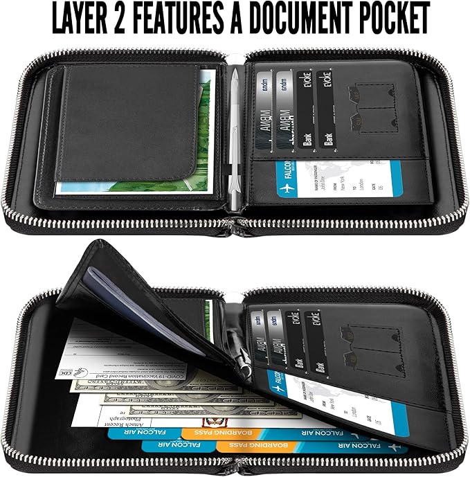 Passport Wallet, Passport Holder for Travel Family, Ultra Large Storage with 3 Pockets. RFID Passport Cover Case with Zipper Closure