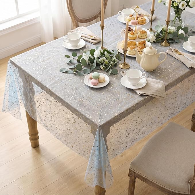 Horaldaily Blue Gold Gauze Tablecloth 60x60 Inch Square, Golden Sequin Glitter Metallic Foil, Sheer Tulle Cheesecloth for Wedding Baby Shower Ceremony Birthday