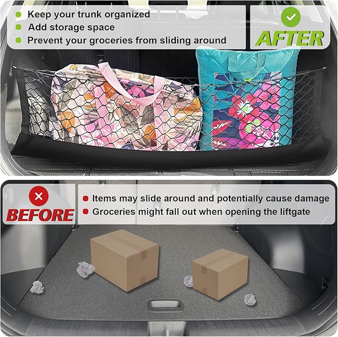Muslogy Envelope Style Trunk Cargo Net Compatible with 2023 2024 2025 2026 Kia Sportage Accessories Stretchable Cargo Organizer Upgraded Mesh Storage Luggage Net with Metal Hooks