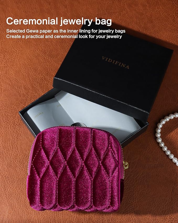Small Travel Jewelry Case, Mini Travel Jewelry Bag with Zipper, 5-Layer Velvet Organizer Pouch for Bracelet Rings Earrings - Diamond Stitched Velvet Caramel