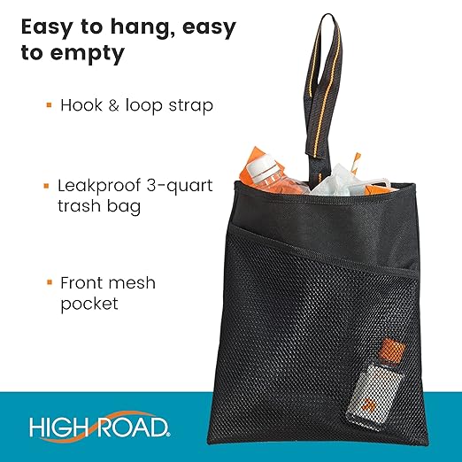High Road Small Hanging Car Trash Bag with Waterproof Liner, Storage Pocket and Adjustable Strap - Hangs from Handles or Headrest Posts Without Taking Up Legroom