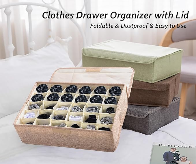 AARAINBOW 2 Packs Underwear Socks Ties Storage Organizer with Lids Foldable Closet Drawer Organizer 60 Cells, Fabric Drawer Wardrobe Divider Storage Boxes for Scarves and Lingerie (30 Cell, 2 Beige)